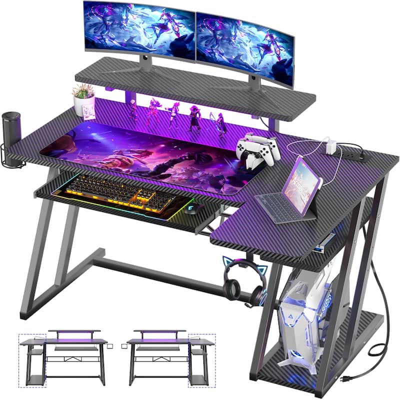 Gaming Desk with Shelves and Outlets, L Shaped Computer Desk with LED Lights