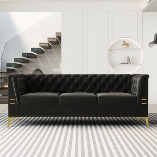 Elegant Black Velvet Chesterfield Sofa with Gold Accents - Contemporary ...
