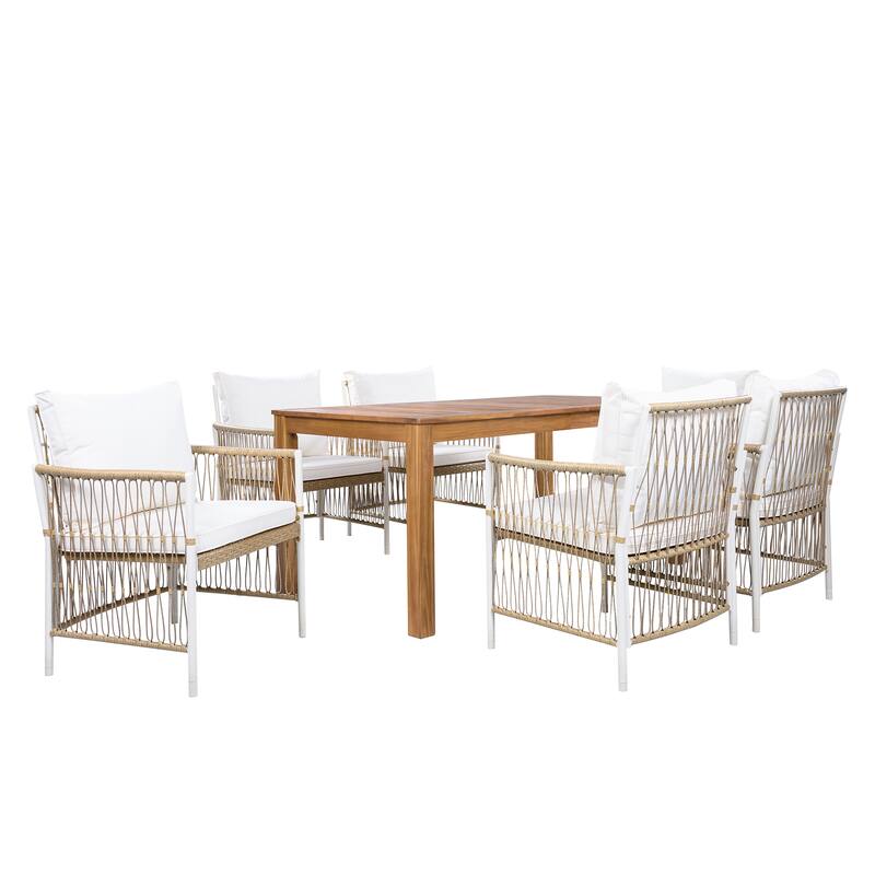 Roomfitters 7-Piece Patio Dining Set, Rectangular Outdoor Table with 6 White Rope Weave Armchairs & Cushions, Natural