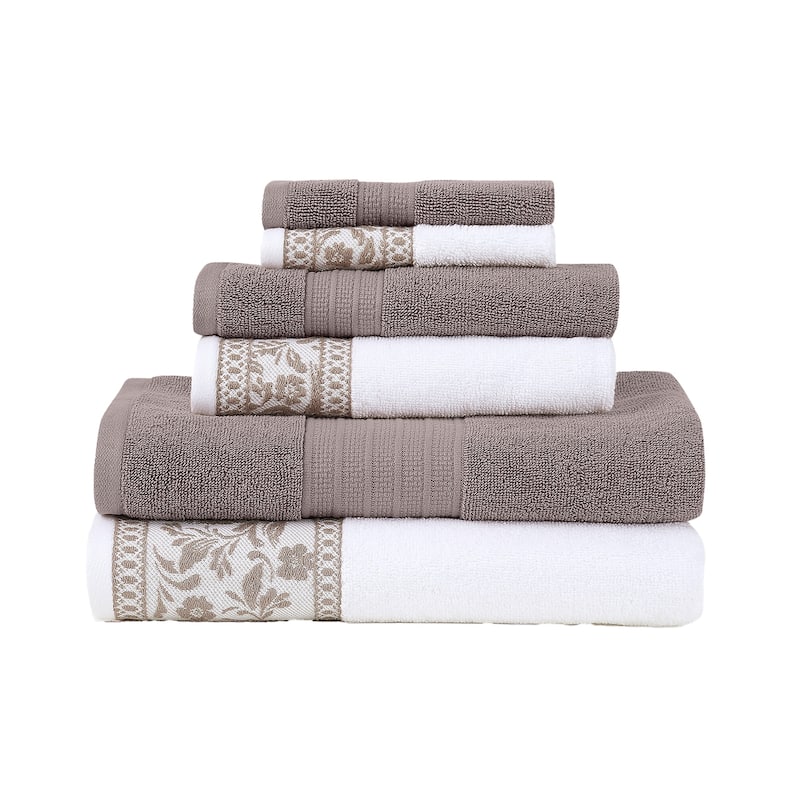 Modern Threads 6-Piece Jacquard Border Towel Set Allie - 100% Cotton, Bath, Hand & Washcloths - Elegant Floral Border - Taupe