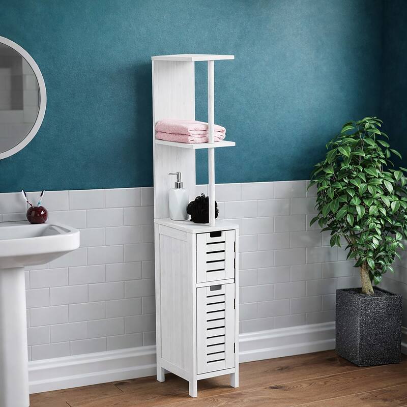 Miami White Slim Bathroom Storage Cabinet Open Shelves Two Doors - 51.4"H x 7.2"L 12"W