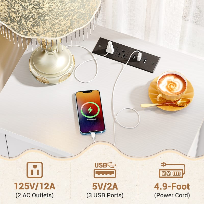 Modern Nightstand with Charging Station, Side End Table with 2 Drawers