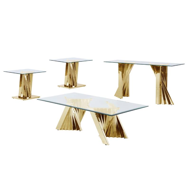 Best Quality Furniture Modern Glass Coffee Table Sets w/ Spiral Base - 1 Coffee Table + 2 End Tables + 1 Console Table - Gold - Glass