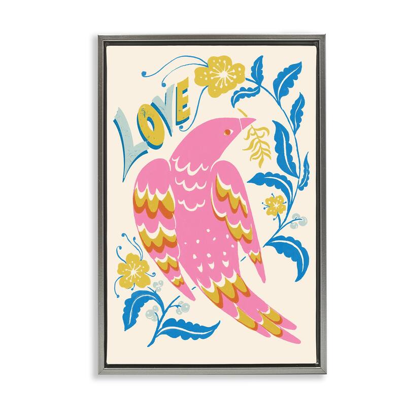 Stupell Groovy Folk Love Bird Framed Floater Canvas Wall Art Design By Hannah Moren - 21 x 31 - Grey