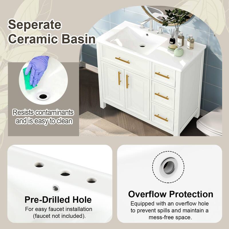 36" Bathroom Vanity with Sink Top,Solid Wood,MDF Boards