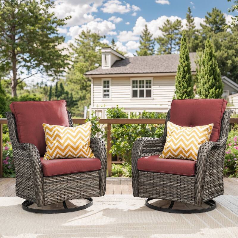 Gymojoy Wicker Swivel Glider Chair Outdoor Rocking Seating with Olefin Cushions - Grey Wicker / Red Cusion - 2-Piece