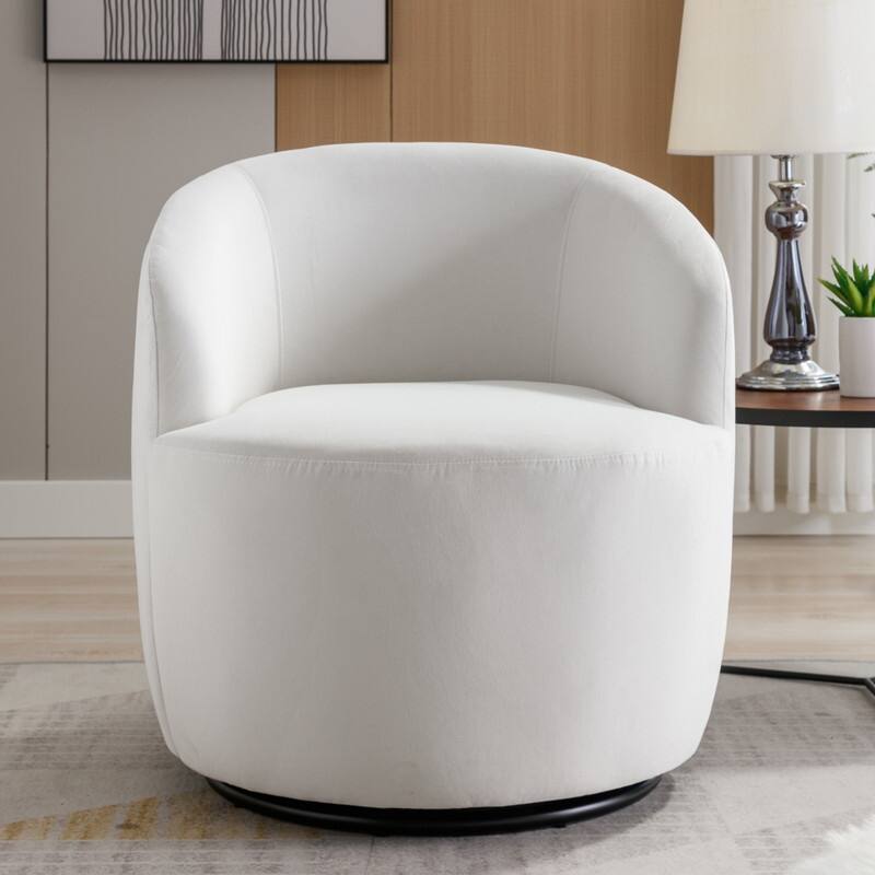 Velvet Fabric Swivel Accent Barrel Chair With Powder Coating Metal Ring - White