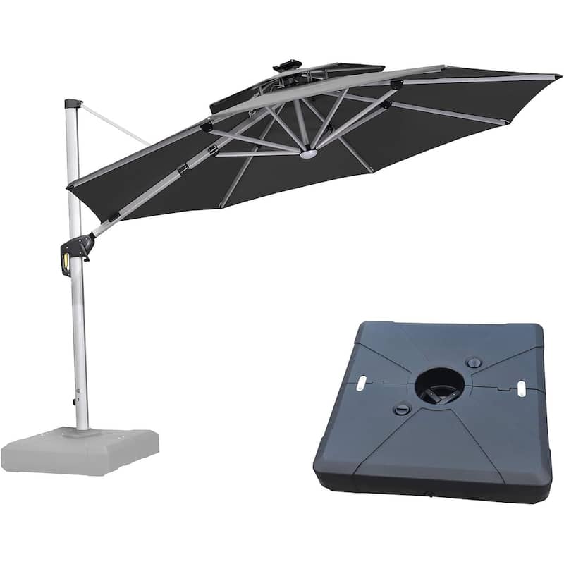 PURPLE LEAF 11 ft Double Top LED Round Patio Cantilever Umbrella with Base - Grey