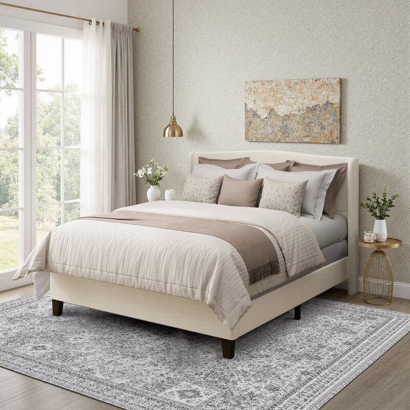 GDFStudio - Jane 49.21" High Back Upholstered Headboard Bed Frame with High Footboard - Ivory White - King