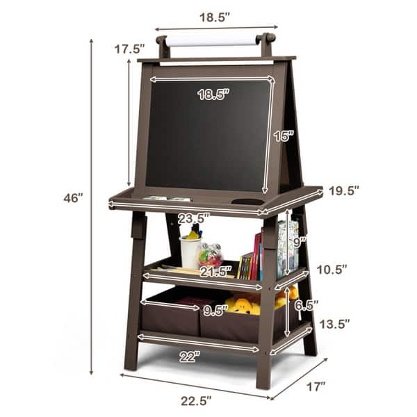 3-In-1 Brown Double-Sided Storage Art Wooden Easel with 2-Tier Storage Shelves - 23.5" x 19.5" x 46" (L x W x H)