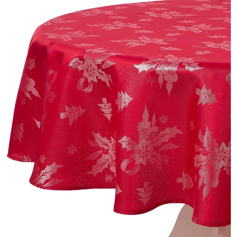 Violet Linen Sparkling Christmas Holly Bows Damask Pattern Tablecloths - 70" Round