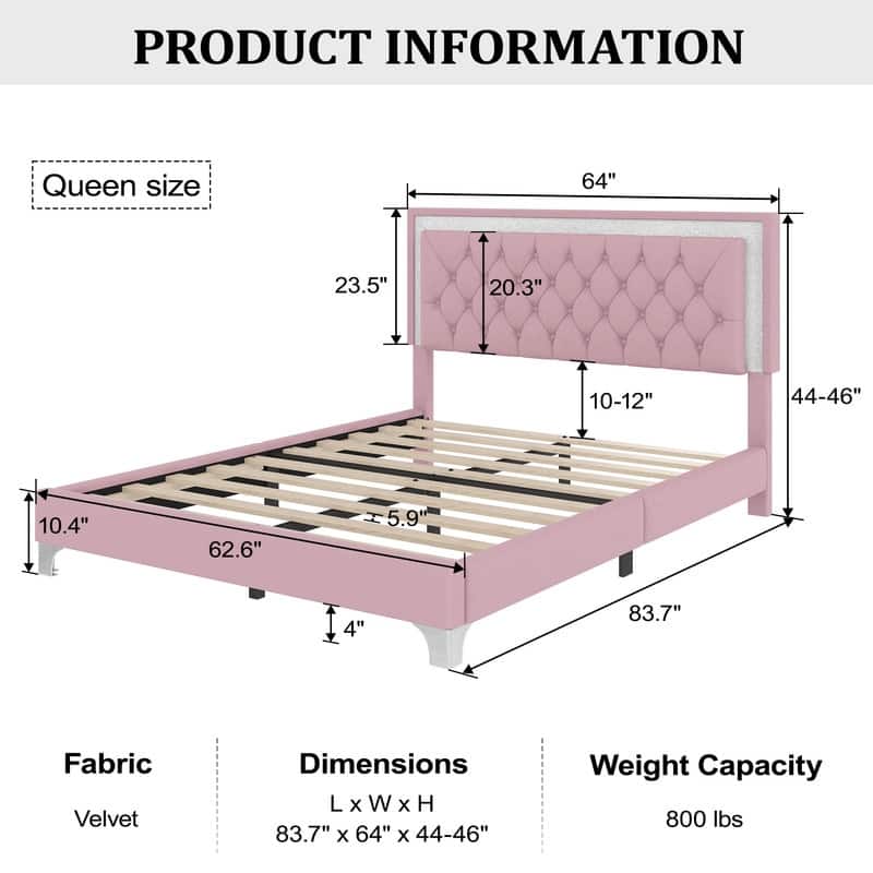 Queen Size Velvet Upholstered Platform Bed with LED Lights, Tufted Headboard