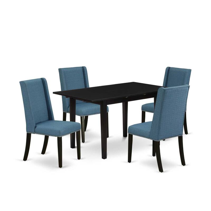 HomeStock 5-Pc Black Finish Solid Wood Top - Rectangular Upholstered Dining Room Set with Butterfly Leaf - Seats 4