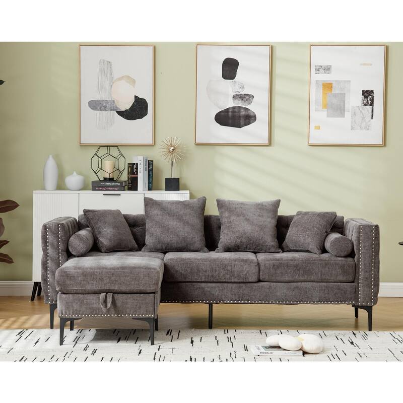 85'' L-Shaped 4 Seater Sectional Sofa with Convertible Storage Ottoman, Pillows, Solid Wood Frame, Modern Tufted Design