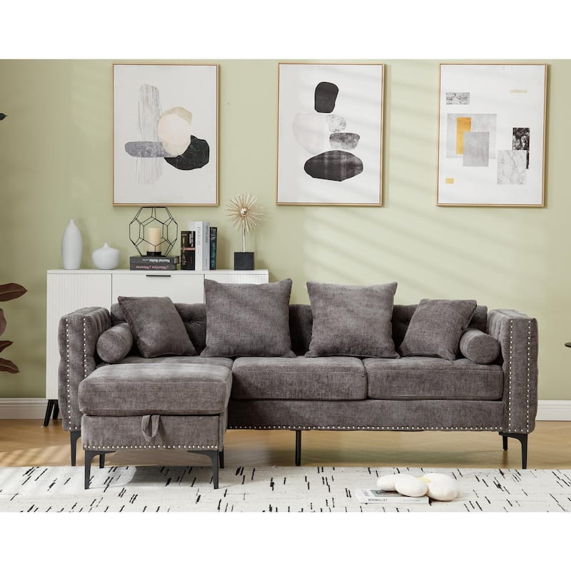 85'' L-Shaped Chenille 4 Seater Sectional Sofa with Convertible Storage Ottoman, Nailhead Accents and Plush Comfort