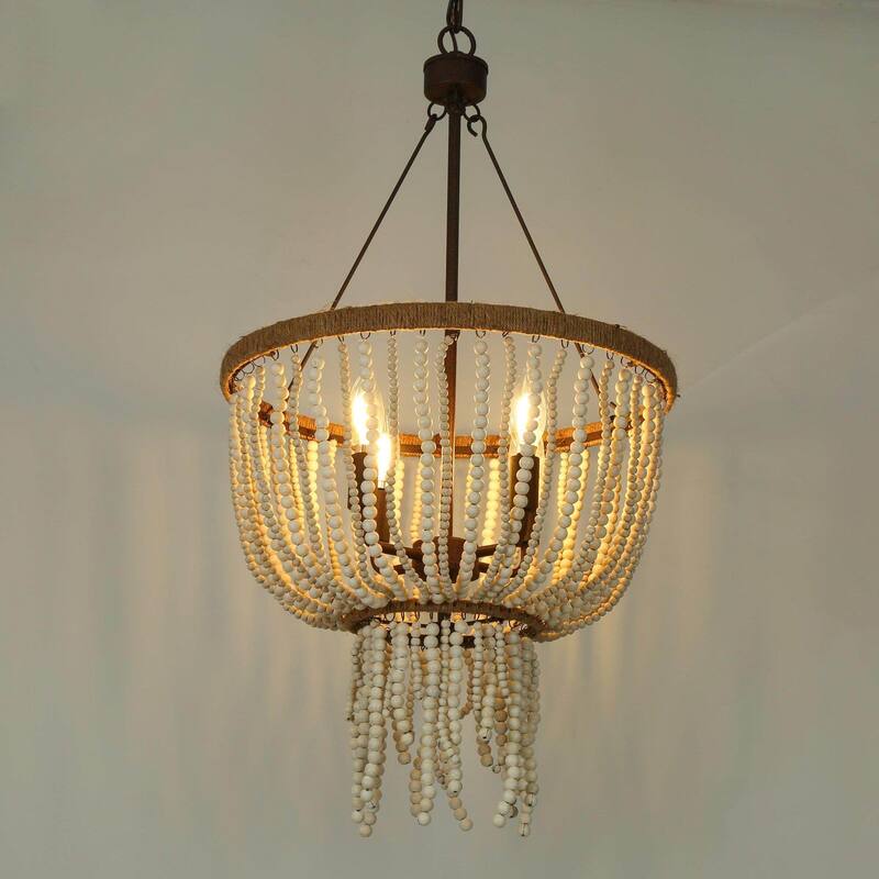 Renia Farmhouse Rustic Coastal 4-light Distressed Wood Beads Chandelier Basket Adjustable Pendant Lamp - 17 in