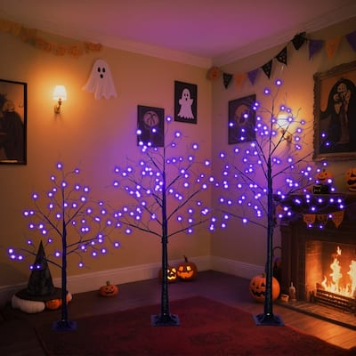 3-Piece Artificial Halloween Spooky Tree with 4FT/5FT/6FT and Purple LED Lights