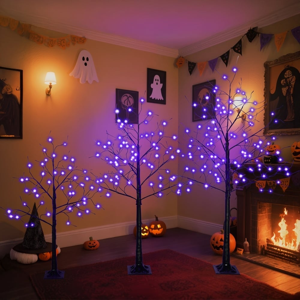 3-Piece Artificial Halloween Spooky Tree with 4FT/5FT/6FT and Purple LED Lights