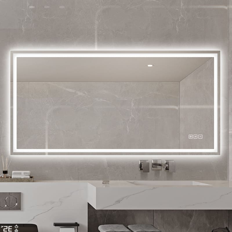 48×24 Inch Anti-Fog LED Bathroom Mirror with Modern Straight-Edged Design, 3 Color Dimmable Lighting, Horizontal/Vertical - Silver