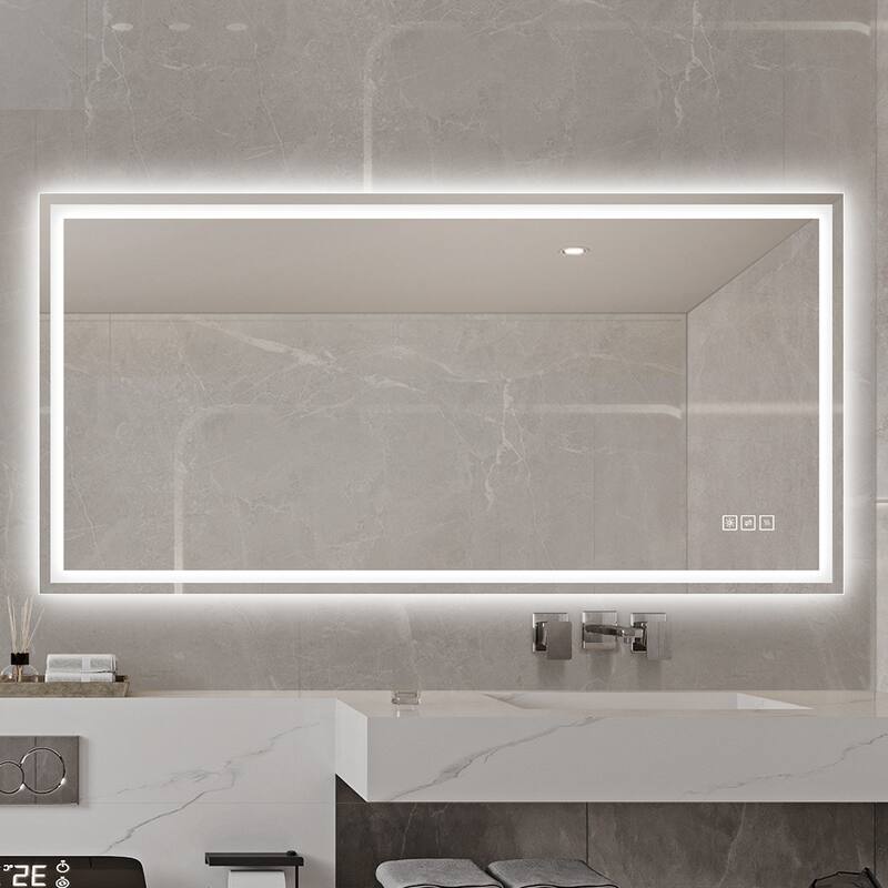 Anti-Fog LED Bathroom Mirror - Modern Straight-Edged, 3 Color Dimmable, Wall Mount - Silver