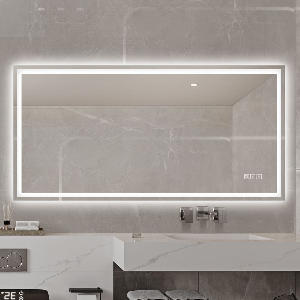 Anti-Fog LED Bathroom Mirror - Modern Straight-Edged, 3 Color Dimmable, Wall Mount - Silver