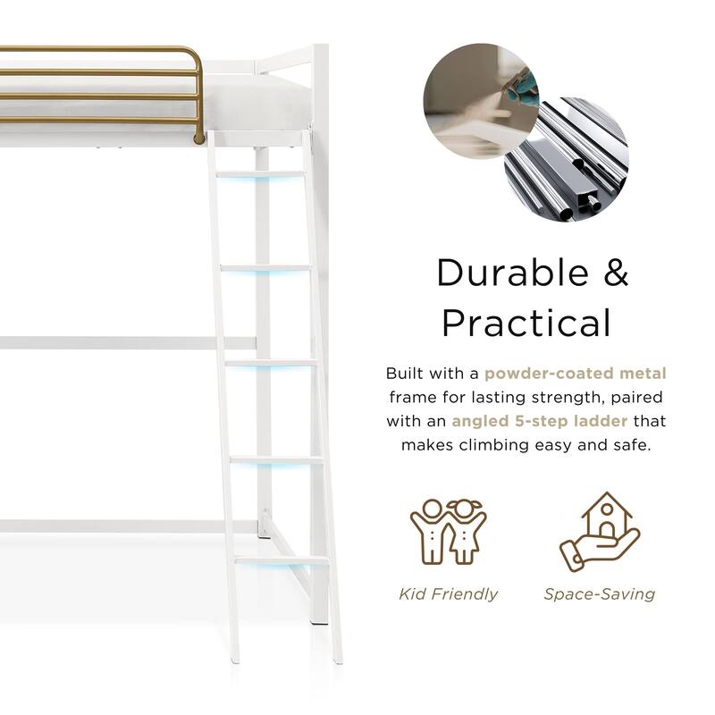 Furniture of America Haven Metal Loft Bed with Gold Rail.