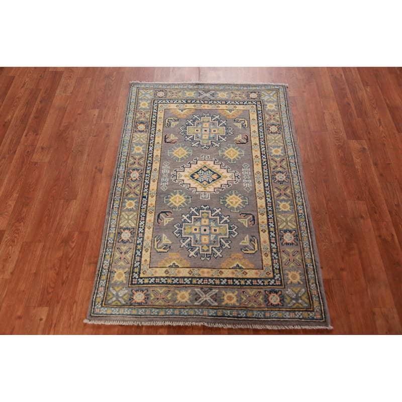 Gray Geometric Kazak Foyer Rug Hand-Knotted Wool Carpet - 2'8"x 4'1"