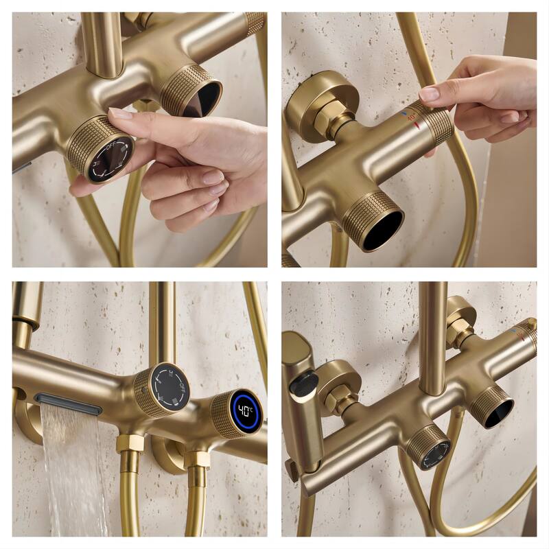 Wall Mounted 6-way Thermostatic Rain Showerhead with high-pressure Handheld Showerhead and Spray in Black/Gold