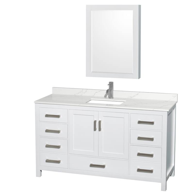 Sheffield 60-inch Single Vanity, Single Hole Quartz Top, Med Cabinet - White, Chrome Trim, Giotto Quartz Top