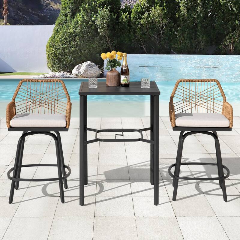 Swivel Patio Bar Set with Cushions, Handwoven Twisted Rattan Design - 3PCS