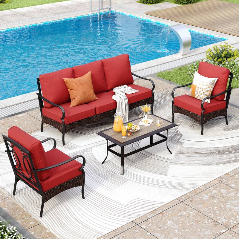 MAISON ARTS 4-Piece Rattan Wicker Patio Furniture Set with Swivel Chairs, Metal Frame & Coffee Table for Outdoor Spaces - Fixed Chair - Red