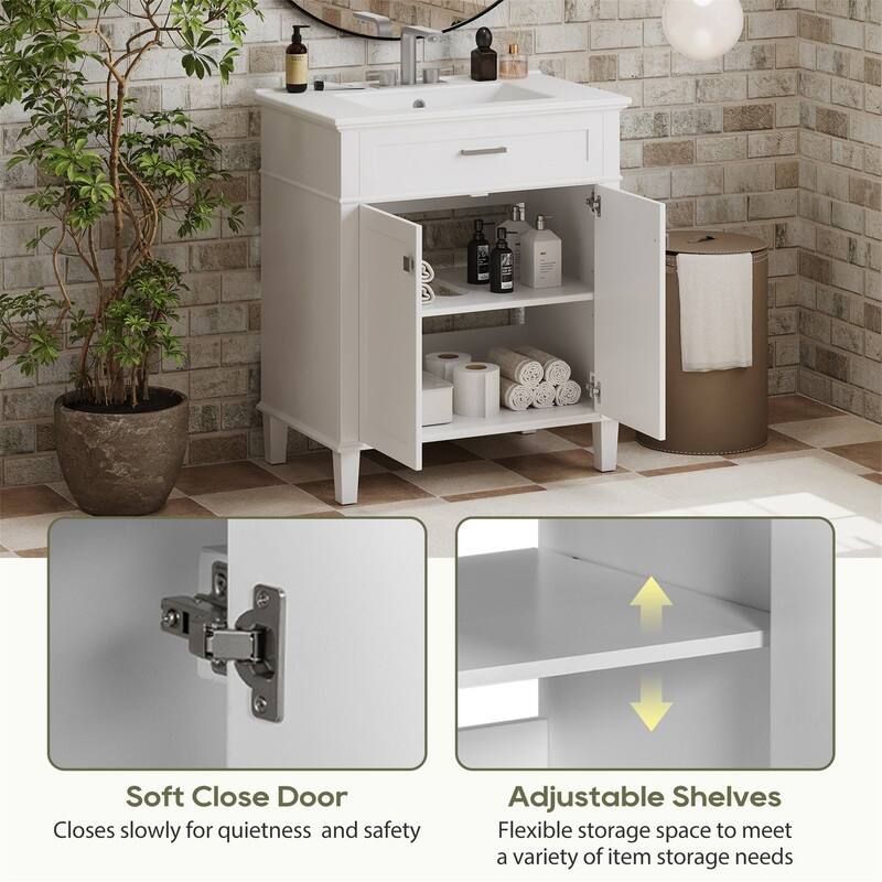 30'' Bathroom Vanity with Ceramic Sink Top, Freestanding Bathroom Vanity Cabinet with 2 Soft Close Doors and Adjustable Shelves
