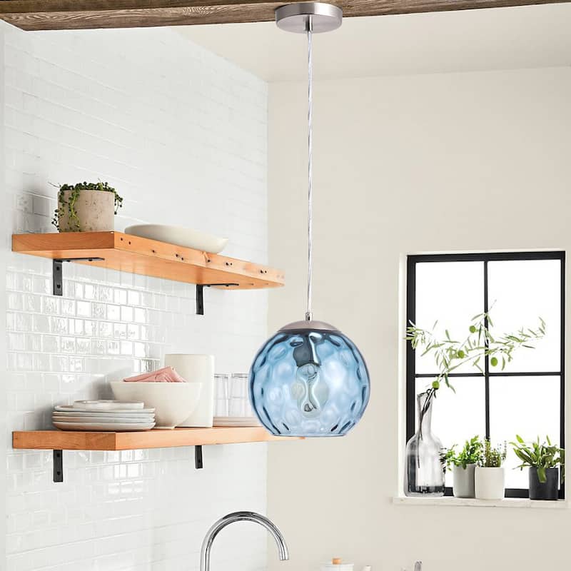 Modern Nickel Kitchen Island Pendant Light with Blue Stone Ripple Glass Shade