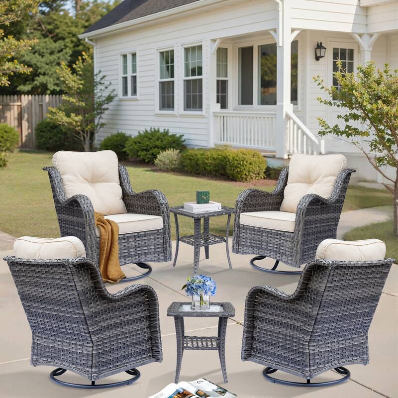 6 Piece Outdoor High Back Wicker Patio Conversation Swivel Chairs Sets - Beige-Gray Rattan