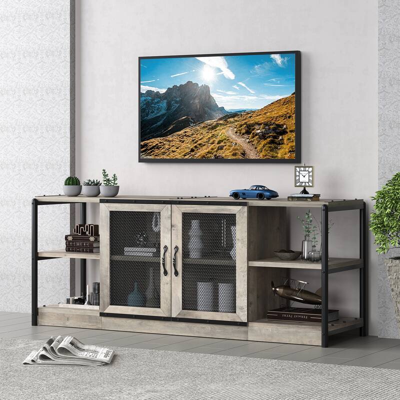 Farmhouse TV Stand Iron Mesh Wind Industrial Corner Multimedia for Living Room - L18.3" X W 63" X H 25" - Grey