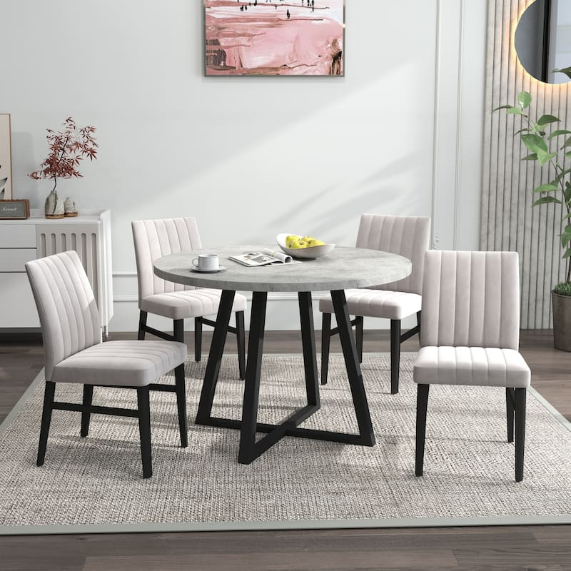 Roundhill Furniture Edo 5-Piece Dining Set, Round Table with 4 Upholstered Chairs,