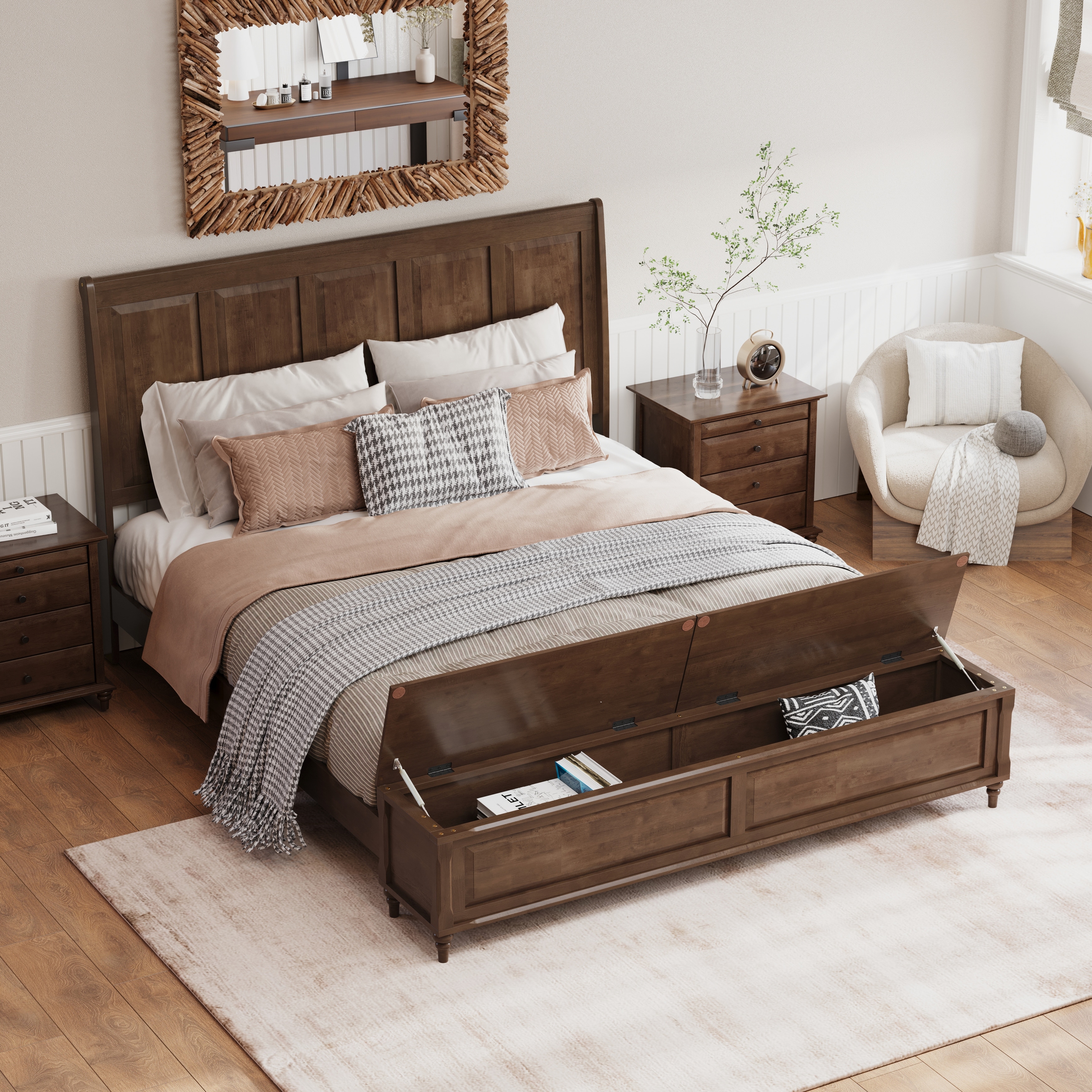 Brown King Bed Frame Sleigh Bed with Tall Headboard and Storage Bench