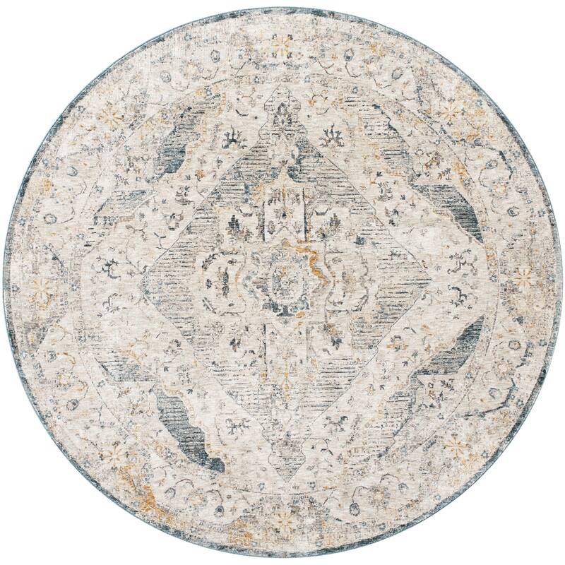 Livabliss Traditional Cardiff Medallion Area Rug - 6'7" x 6'7" Round - Grey/Blue