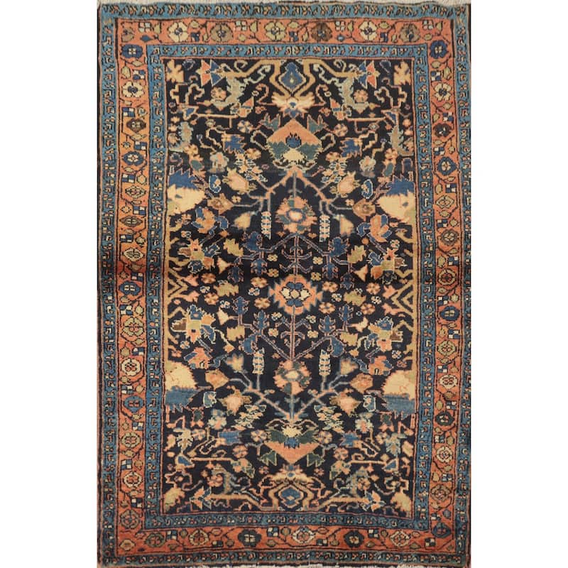 Hand Knotted Oriental 100% Wool Carpet Traditional Floral Navy Blue & Blues Malayer Area Rug - 3' 10'' X 2' 9''