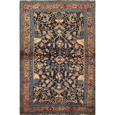Hand Knotted Oriental 100% Wool Carpet Traditional Floral Navy Blue & Blues Malayer Area Rug - 3' 10'' X 2' 9''