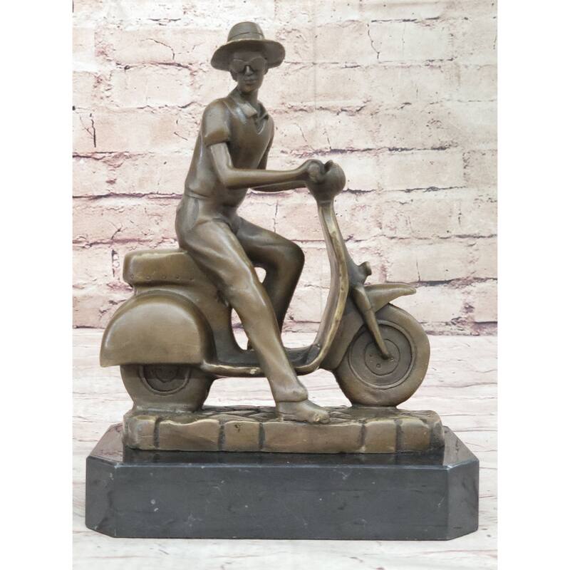 Man Riding Moped Bike Solid Bronze Sculpture Memorabilia Collectible Artwork