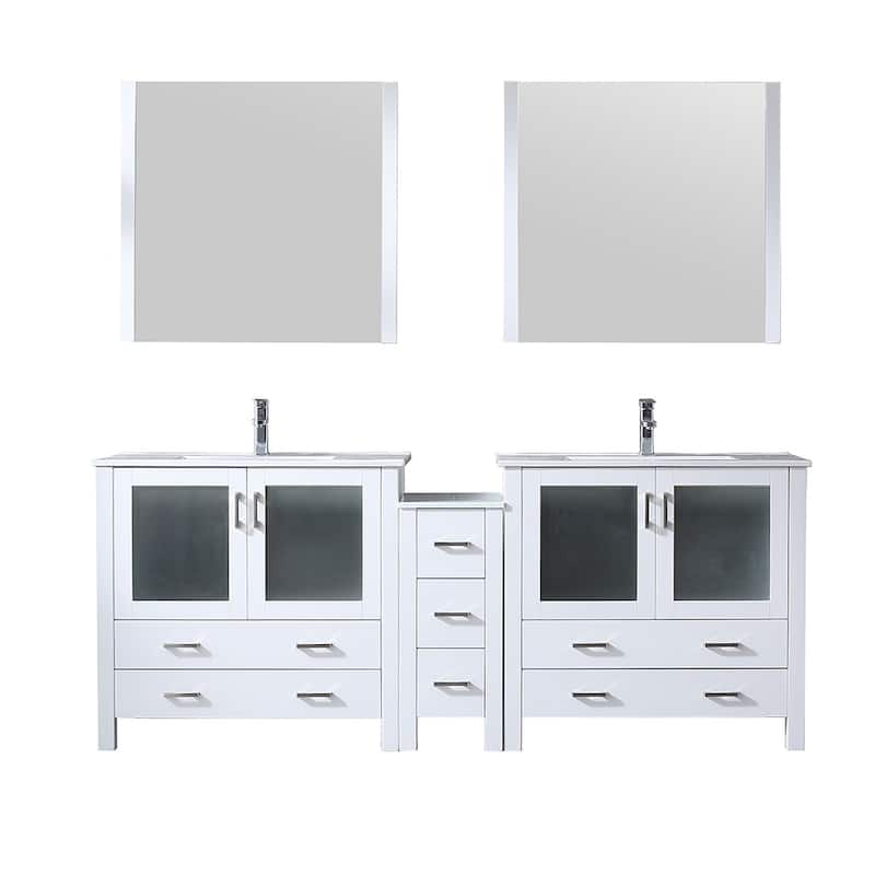 Volez Double Bath Vanity with Side Cabinet, Faucet Set, White Ceramic Top and Mirrors - 84 - White