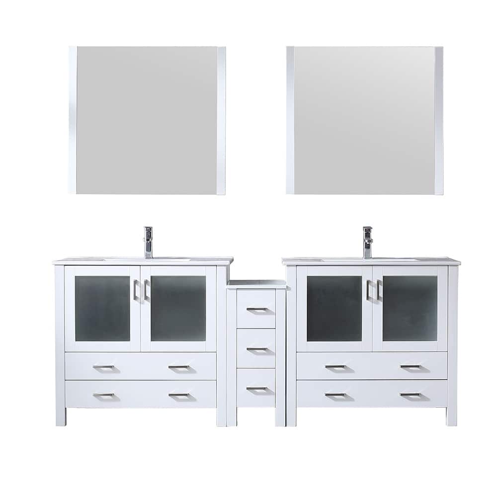 Volez Double Bath Vanity with Side Cabinet, Faucet Set, White Ceramic Top and Mirrors
