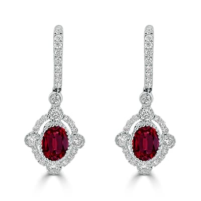 Auriya 2 1/5ct Fancy Oval-cut Red Ruby Halo Diamond Dangle Earrings 7/8ctw 18k Gold