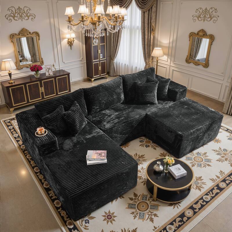 HOOOWOOO Modern Plush Corduroy L-shaped Sofa Chaise Lounge with Ottoman - Black