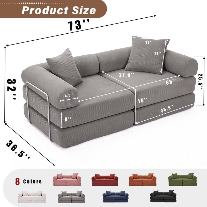 Modular Couch Sofa Bed, Convertible Design with Removable Armrests,Folding Mattress Couch for Small Spaces ,No Assembly