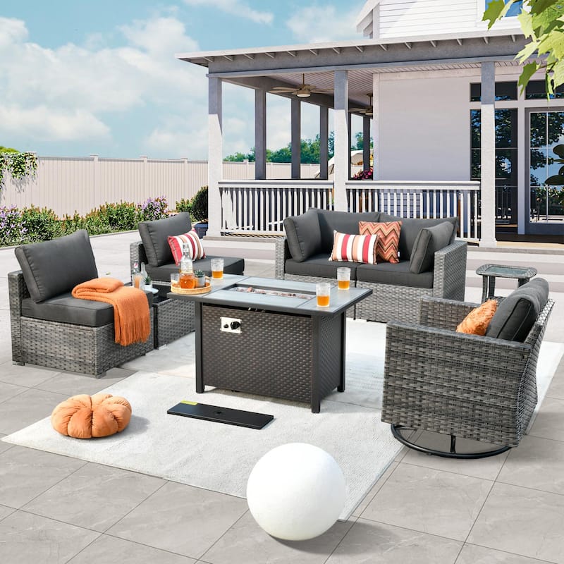 HOOOWOOO 8-piece Wicker Patio Furniture Sectional Set with Fire Pit Table