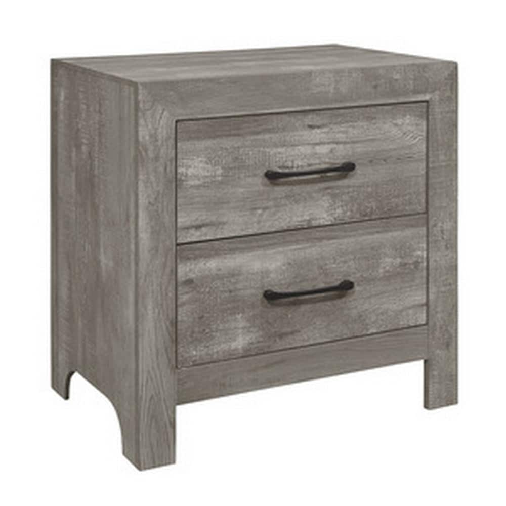 24 Inch Classic 2 Drawer Nightstand, Metal Handles, Rustic Gray Finish