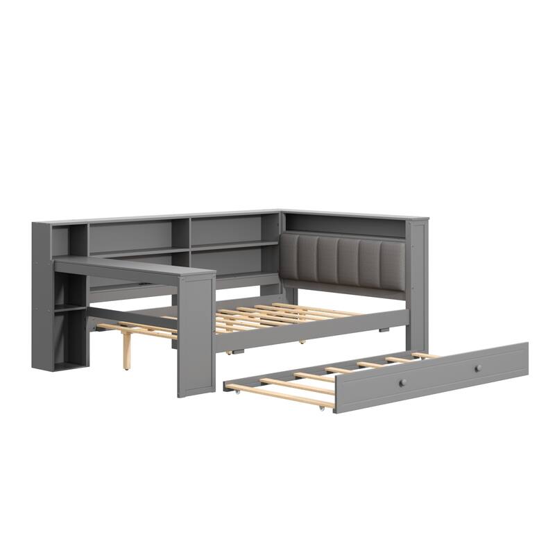Roomfitters Twin/Full Platform Bed with Trundle, LED Headboard, Charging Station and Storage