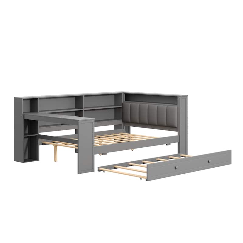 Wood Daybed with Desk, LED Upholstered Headboard, Storage Shelves Built-in Charging Station, Optional Drawers or Trundle
